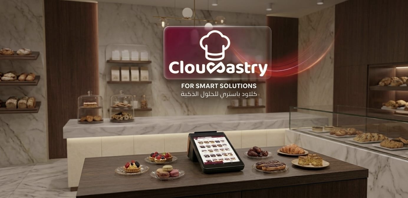 CloudPastry smart POS device in a premium bakery surrounded by pastries