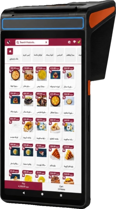 CloudPastry handheld POS device showing the product grid